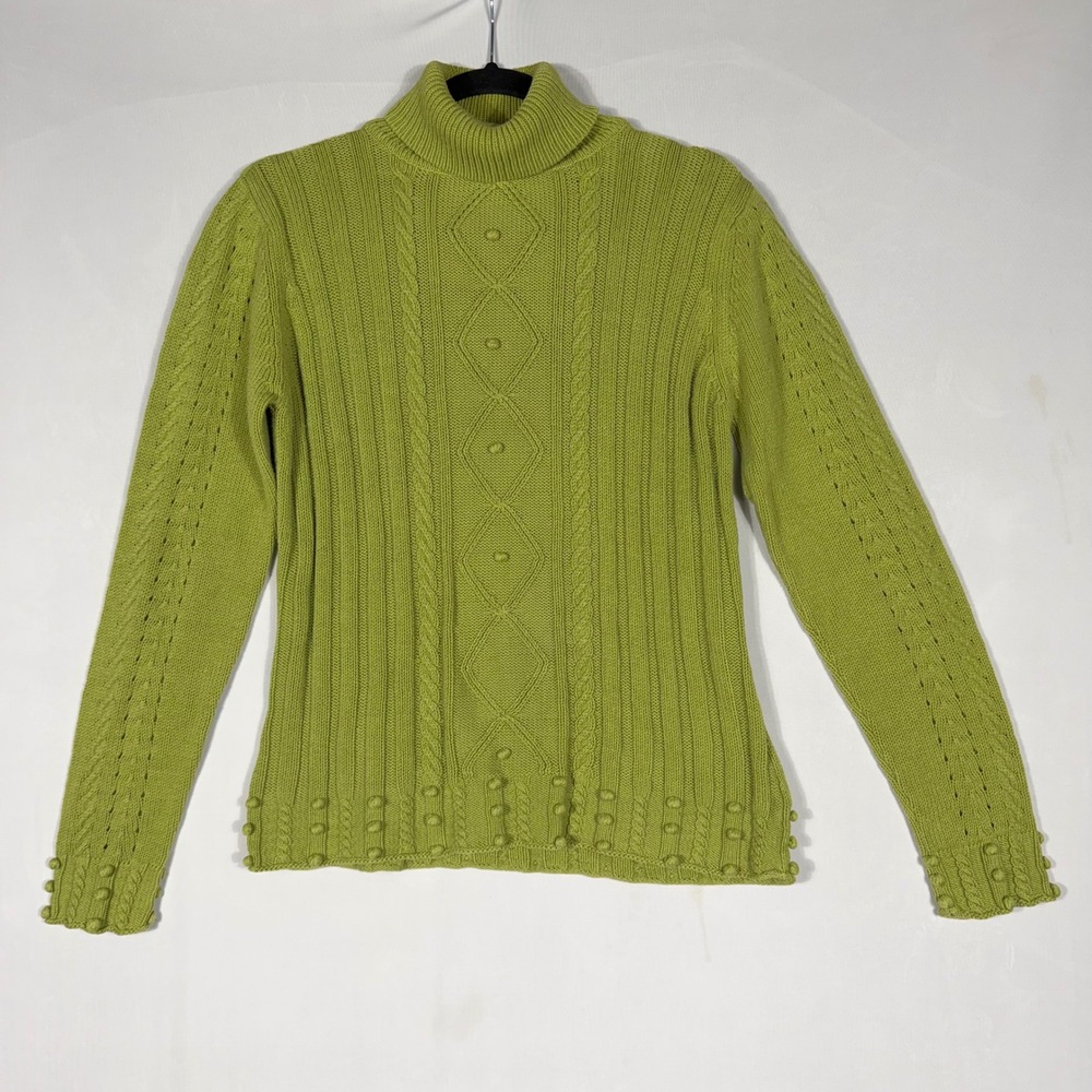 Vtg ROX B Chunky Cable Knit Turtleneck Sweater L Green Bobble Cottage Y2K Whimsy